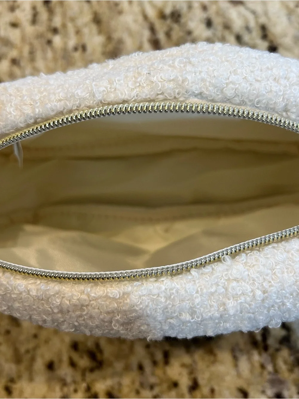 Disney White Sherpa NWT zippered Pouch with Pink & Blue Lilo & Stitch Patch.